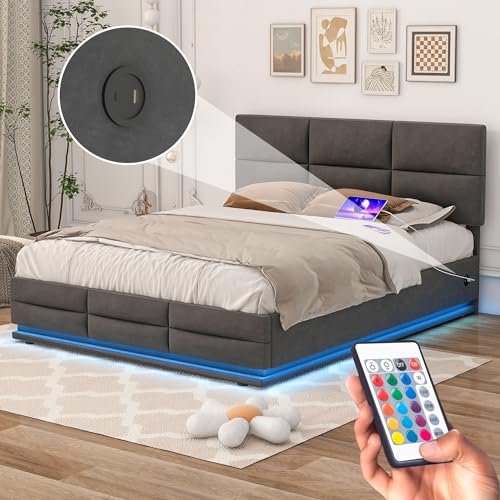 OKimmy Polsterbett Doppelbett 160x200cm, mit LED-Beleuchtung, Einseitige USB/Type-C-Ladefunktion, hydraulischem Stauraum, Bettgestell mit verstellbarem Kopfteil, mit Lattenrost Ohne Matratze, Grau