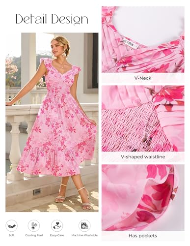Image of GRACE KARIN Women's Summer Floral Maxi Dress 2026 Ruffle Sleeve Smocked Sundress Flowy Wedding Guest Long Dresses with Pocket