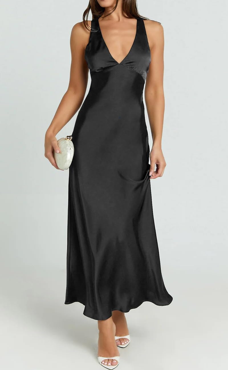 Summer Satin V Neck Backless Maxi Dresses for Women 2026 Silk Sleeveless Formal Bridesmaid Wedding Guest Dress - Image 4