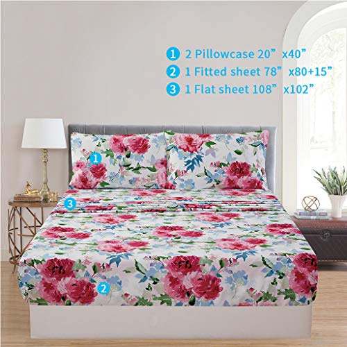 Image of JSD Watercolor Rose Floral Printed Sheet Set King Size | 4 Piece Soft Botanical Microfiber Sheets, OEKO-TEX Certified, Easy Care