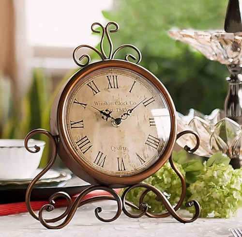 Image of Table Clock Antique Style 10 in dial 6 in Desk Clock Art Unique for Home Office Decor Metal Iron Glass Colour (Antique -1)