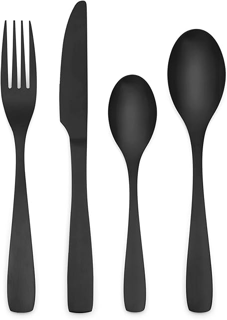 HOLIHIGH 24 Pieces Black Stainless Steel Cutlery Set for 6 People, Matt Black Flatware Tableware Set, Silverware with Spoon Knife and Fork Set, Easy Clean, Dishwasher Safe