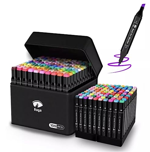 Raganet, 100 Plumones Doble Punta, Marcadores Punta Ancha y Delgada, No Tóxicos, De Dibujo Profesional y Para Niños, Exterior Color Negro (100 Colores...