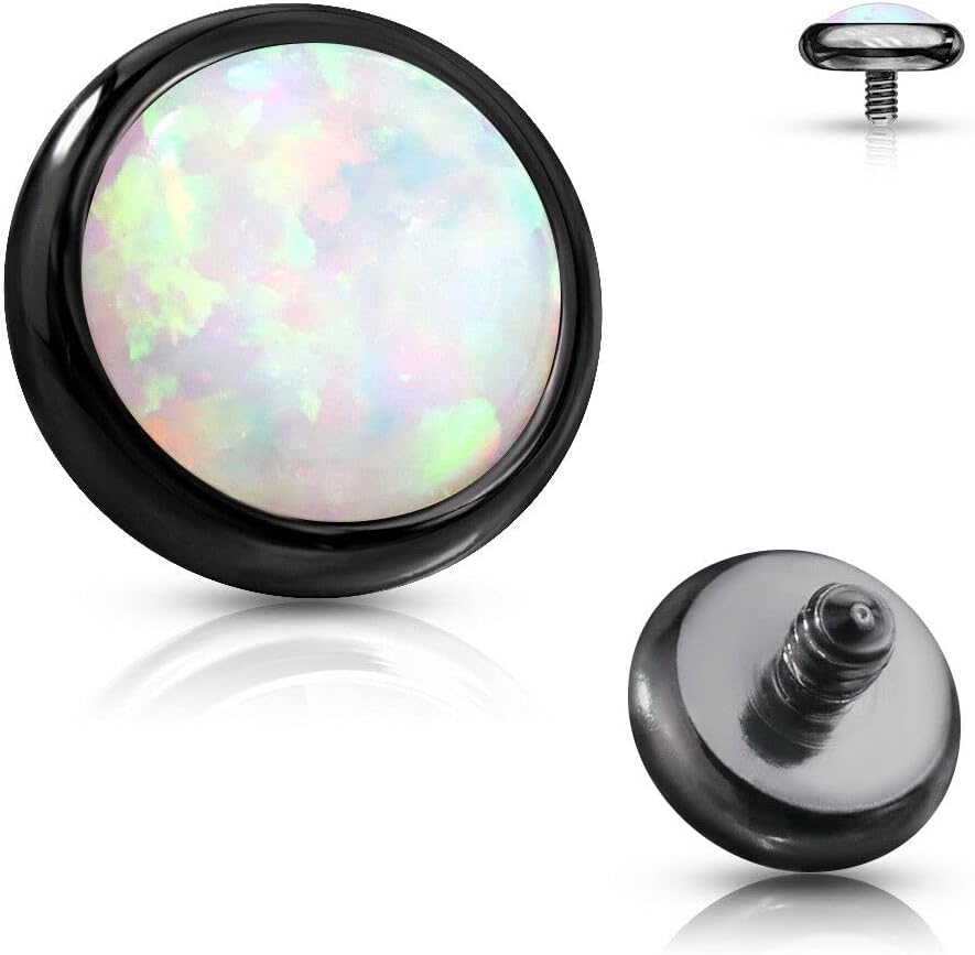 1 Pc 14G Surgical Steel Internal Threaded Flat Opal Stone Dermal Anchor Top 4 mm - Black/Opal White