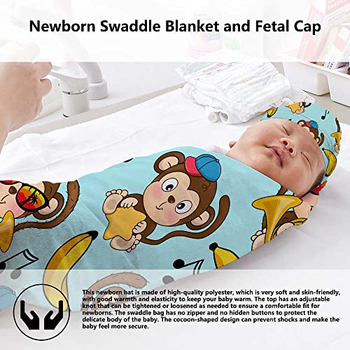 Image of Cartoon Monkey Newborn Swaddle Blankets with Hat Sets,Newborn Receiving Blanket for Boy Girl,Swaddle Sack Shower One Size