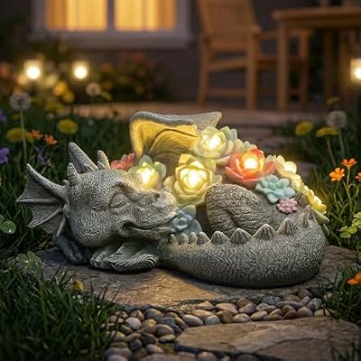 Garden Dragon Statue Outdoor Decor, Coiled Sleeping Dragon Figurine with Solar Light Succulent, Waterproof Resin Garden Sculpture for Outside Lawn Patio Yard Ornament