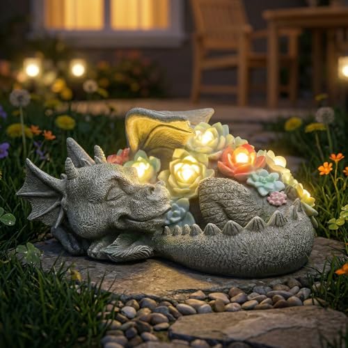 Garden Dragon Statue Outdoor Decor Coiled Sleeping Dragon Figurine with Solar Light Succulent Waterproof Resin Garden Sculpture for Outside Lawn Patio Yard Ornament
