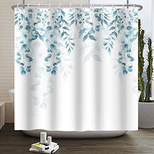 SDOTPMT 140x183cm Teal Green Leaves Shower Curtain Eucalyptus Leaf Natural Plant Branch Bath Curtain White Bathtub Curtain for Kids Bathroom Decor Fabric Polyester Waterproof with Hooks - Image 3