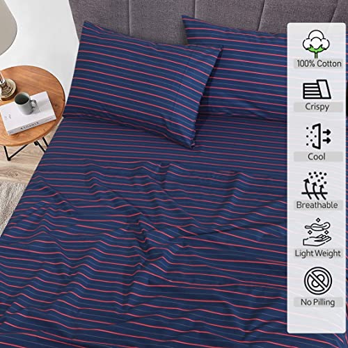 RUVANTI 100% Cotton Sheets Queen Size Set, 4 Pieces, Soft & Breathable Percale Weave Bedding, Deep Pocket 16", Hotel Standard, Crisp Cool Feeling, Durable, Perfect Striped Bed Sheet, Nautical