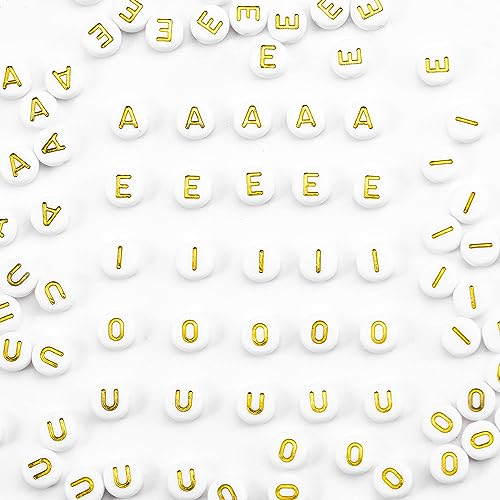 500 cuentas acrílicas redondas de letras del alfabeto, letras de vocal doradas, cuentas blancas para hacer joyas, pulseras, collares, llaveros, bricolaje, 4 x 7 mm