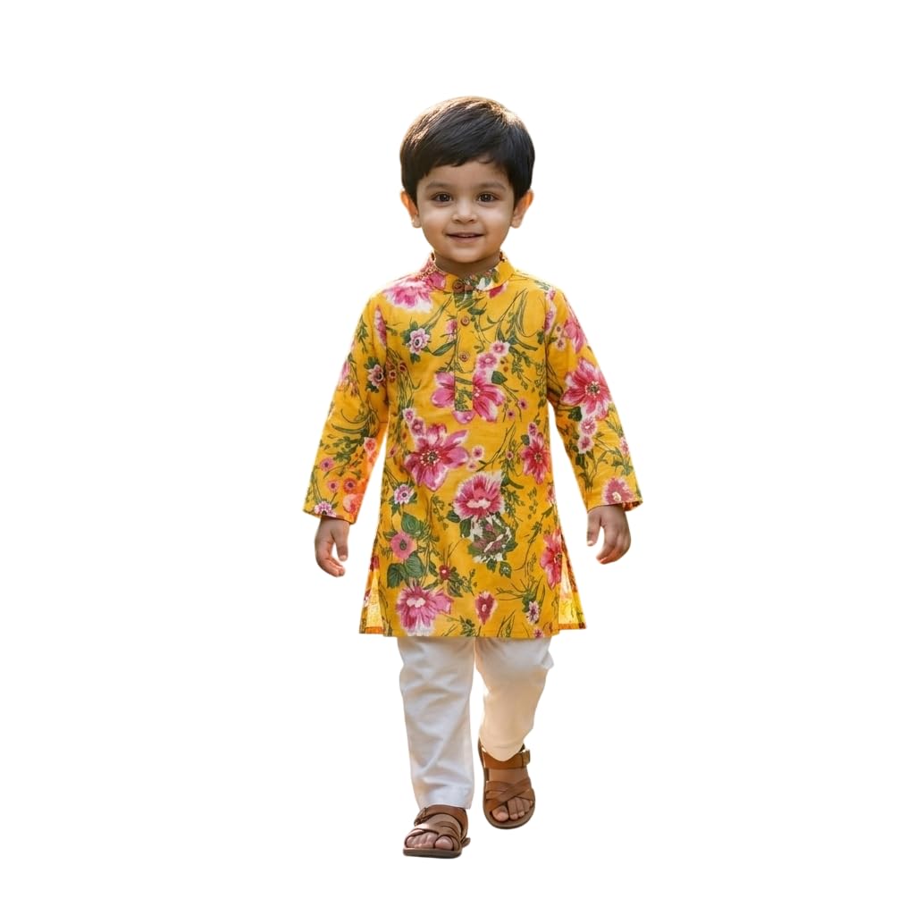 Boys Cotton Kurta Pajama Set | Yellow Floral Print Ethnic Kurta | Full Sleeve | Kids Festive, Wedding & Party Outfit-image-49