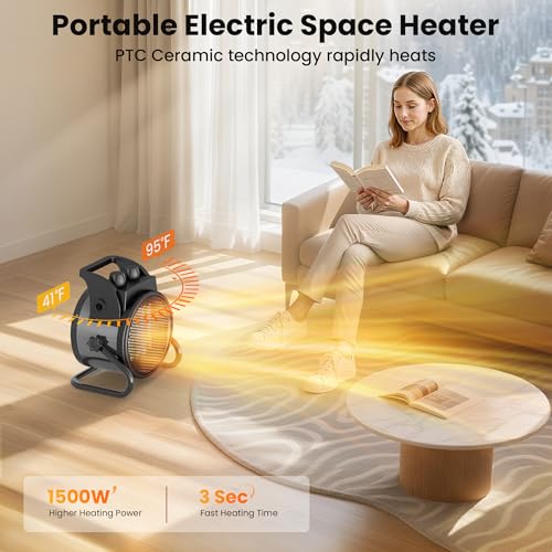 Image of Space Heaters for Indoor Use, 1500W PTC Electric Heaters with Thermostat, Small Portable Heater with 90Adjustable Angle, Fast Safety Heat, Overheat Protection, Small Heater for Indoor /Outdoor Use
