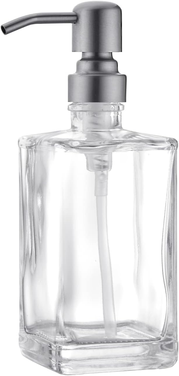 Glass Soap Dispenser Set, Brushed Nickel Stainless Steel Pump & Clear Square Glass Soap Dispenser Bottle, 2 X 13.5oz Refillable Liquid Hand Soap Jar for Kitchen & Bathroom
