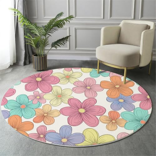 Tapis de salon lavable rond fleurs rose doux pour chambre 60cm