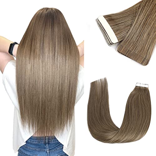 Vlasy Tape in Hair Extensions Human Hair Medium Ash Brown Hair Extensions 22 Inch 20pcs Tape ins Straight Seamless Natural Invisible Tape in Extensions Real Human Hair (22 Inch 10A#)