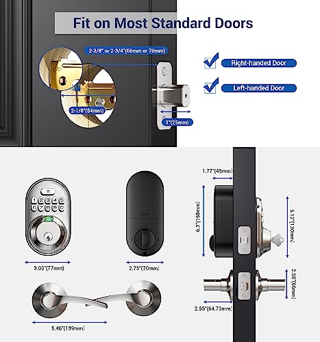 Veise Fingerprint Door Lock With 2 Lever Handles - Keyless Entry Door Lock, Keypad Door Lock With Handle, Electronic Deadbolt Front Door Lock Set, Auto Lock, Easy Installation, Satin Nickel #TOP6
