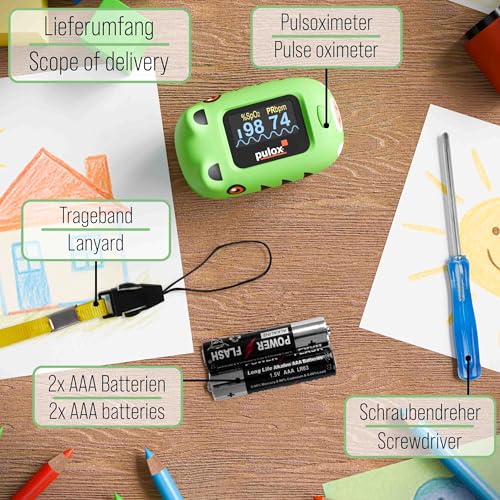 Pulox PO-230 in Grün, Pulsoximeter für Kinder, mit Klebemuster, Messung von Sauerstoffsättigung...