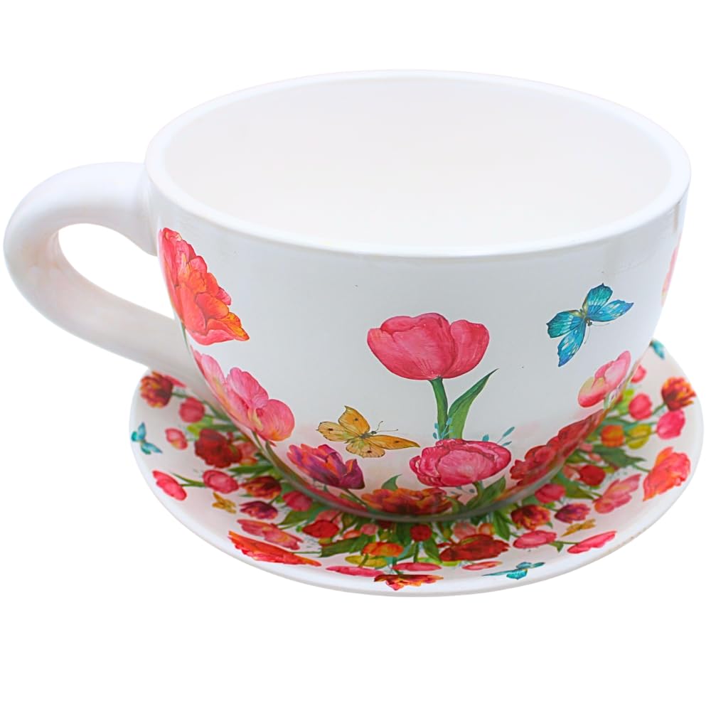 Dekohelden24 XXL Blumentopf, Pflanztasse, Pflanzkübel, Pflanzgefäß, Blumenkübel, Pflanztopf. Übertopf als Tasse mit Griff aus Keramik, Motiv: Tulpenmeer, L/B/H 34 x 28 x16 cm.
