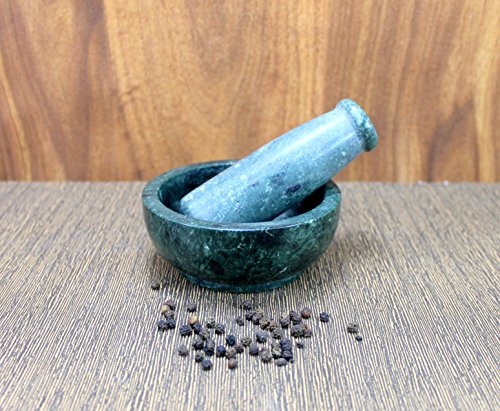 Kleo 4" Diameter Natural Stone Mortar And Pestle Set As Spice Grinder, Medicine Masher - Okhli And Musal (Green Shallow) #TOP2