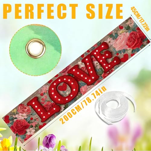Image of Valentine Banner 78.74 x 17.72 Inch Red LOVE Lettering with Floral Background Romantic Roses and Heart Elements Ideal for Porch Sign Hanging Decoration for Valentine Party Decor