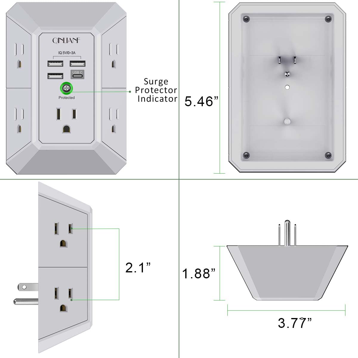 Caricatore da parete USB, protezione da sovratensione, prolunga da 5 uscite QINLIANF con 4 porte di ricarica USB (4,8 A in totale) multipresa di alimentazione a 3 lati 1680J, adattatore da parete