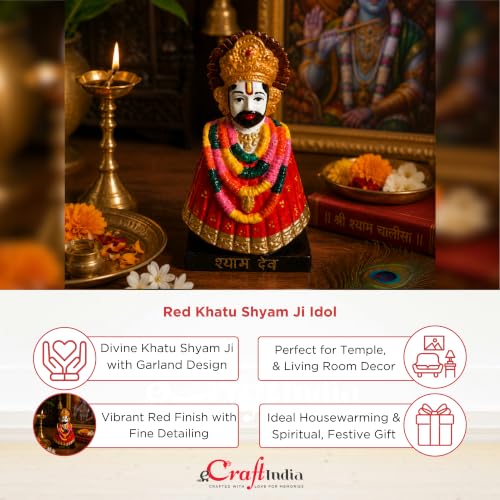 Image of eCraftIndia Red Khatu Shyam Ji Idol for Home Decor | Decorative Khatu Shyam Statue with Garland Design | Spiritual Showpiece for Temple, Living Room & Gifting