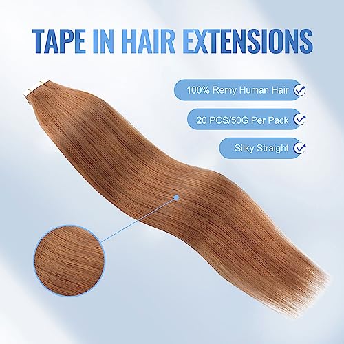 Image of Sixstarhair Invisible Tape In Hair Extensions Real Human Hair Medium Auburn Remy Tape Hair Extensions for Women Red Brown Extensions 20 Pieces 50g [Color #30 22 inch]