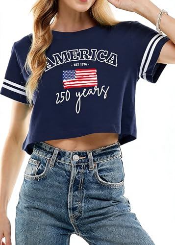 Image of MYHALF Women USA Flag 250th Patriotic 4th July Memorial Day Crop Shirt