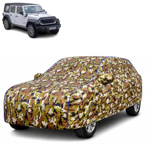 Image of Waterproof Car Body Cover for Jeep Wrangler with Mirror Pocket| Cotton Inner Lining | Triple Stitched | All Weather Protection | Dust, UV & Rain Proof (Camouflage with Blue Piping)