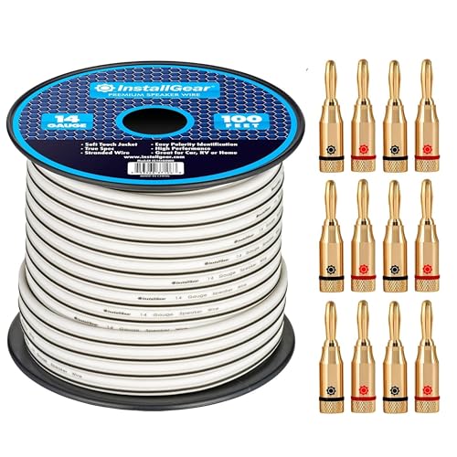 (incomplete)installgear 14 gauge speaker wire with banana plugs - 100ft white cable for outdoor, automotive & marine