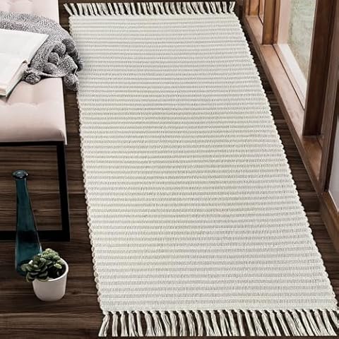 Chardin home Beige & Ivory Providence Throw Rug 2x6 feet |Hand Woven Farmhouse Rug | Great in Kitchens entryways doormats Bathrooms Meditation Mat | Machine Washable & Reversible Cotton Rug Cover