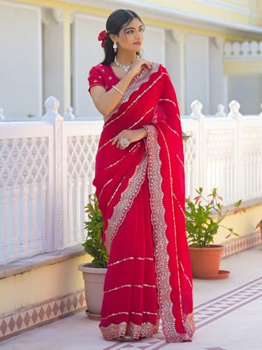 Image of Satrani Women's Shimmer Chiffon Scalloped Border Sequins Embroidery Saree with Unstitched Blouse Piece