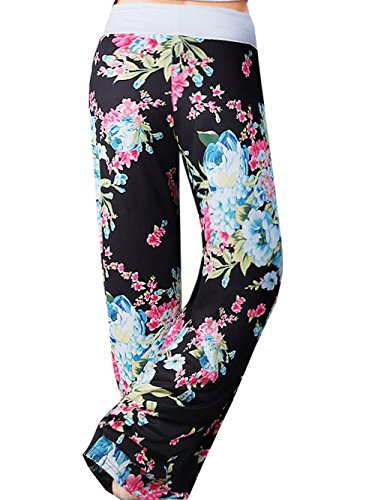 Image of iChunhua Women's Comfy Stretch Floral Print Drawstring Palazzo Wide Leg Lounge Pant