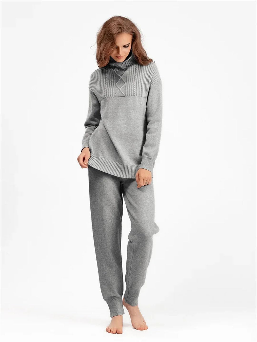 Damski ciepły sweter z golfem pulower topy dzianinowe 2-częściowe zestawy spodnie haremki z wysokim stanem dres