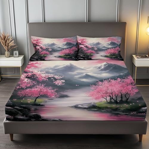 Fitted Sheet Twin Size Bedding Set for Kids Girls Women Men Room Decor, Soft Microfiber & Deep Pocket & Wrinkle Free Japanese Traditional Landscape Bedding Sheets, Pink