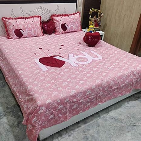 HomeStore-YEP Lovely 5 Pcs Pure Cotton I Love You Patch Luxury Designer Bedsheet with Two Pillow Covers and Two Heart Cushions for Couple: Color - Pink