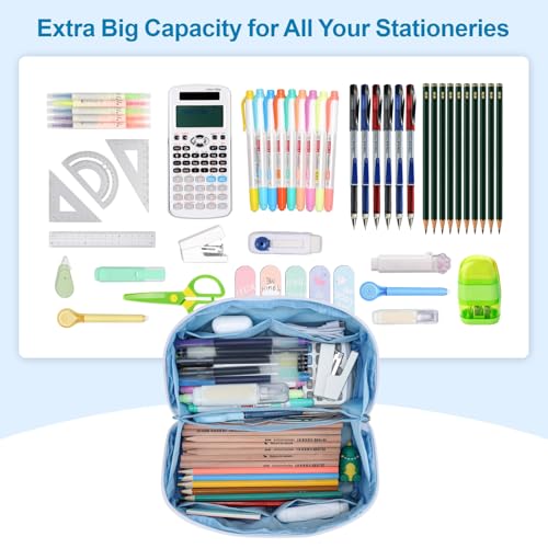 Image of Large Capacity Pencil Case - Pencil Pouch for Teen Girls & Boys, Aesthetic Pouch Organizer with 8 Compartments, Wide Opening Marker Bag for Middle High School College, Fits Calculator, Blue
