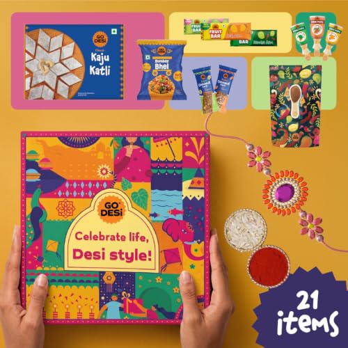 Image of GO DESi Fun Gift Box - 21 Items | DESi Fun Gift Box | By GO DESi | Kaju Katli | Roli Chawal | DESi POPz | Fruit Bars | Coconut Burfi | Dry Bhel | Dates Dry Fruit Laddu | Raksha Bandhan Combo Set | Rakhi with Gift for Brother | Rakhi Hamper for Brother | Raksha Bandhan Gift Hamper