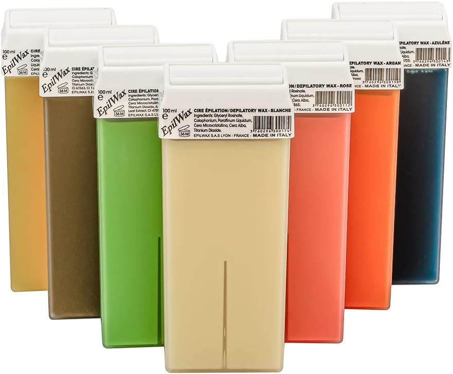 Roll On Wax Epilation - Easy to Spread and Remove - 7 Refills/Cartridges Honey, Argan, Aloe Verra, Rose, Chocolate, Azulene and Vanilla - 100ml