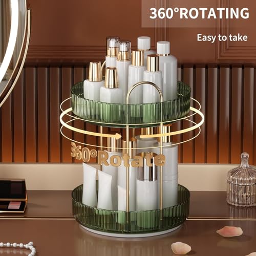 Image of Xmart India 360 Rotating Makeup Organizer - Transparent Cosmetic & Skincare Storage Rack for Dressing Table Lipstick, Perfume, Beauty Accessories & Bathroom Counter Organizer (2 Layer, Green)