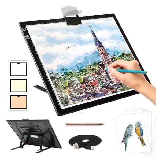 Rechargeable A3 Light Pad for Diamond Painting,Tracing Light Box with Stand and Clip,3 Colors Stepless Dimmable and 6 Levels of Brightness Light Board for Artists,Drawing,Sketching,Animation