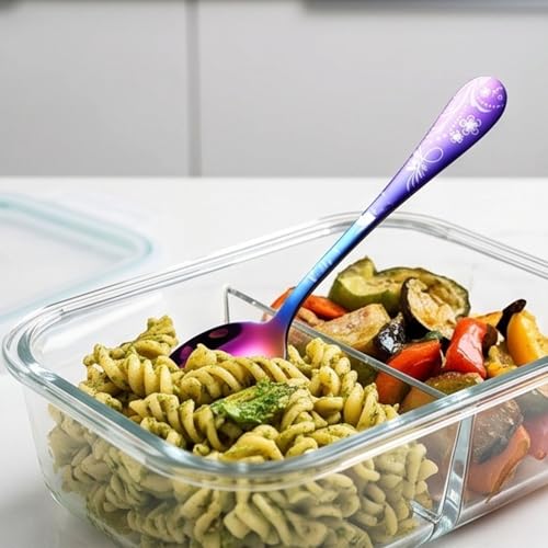Image of 8 inch Rainbow Silverware Dinner Spoons with Floral Printed Handle | 5-Piece Premium Stainless Steel Flatware Set | Dishwasher Safe Cutlery Set for Home, Restaurant & Gifting