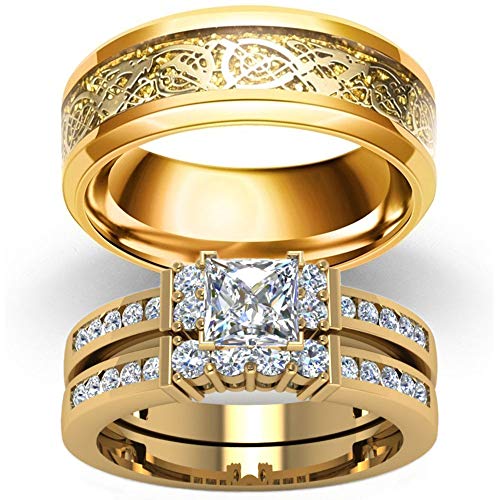 AJZYX His Hers Couple Matching Ring Women's 10k Yellow Gold Plated Square CZ Engagement Ring Set for Bridal & Men Stainless Steel Dragon Pattern Wedding Band Women Size 12