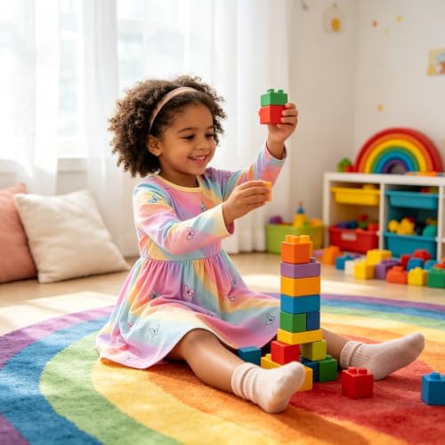 Image of Tkria Toddler Girls Rainbow Dress Striped Fall Dress Cartoon Colourful Long Sleeve Casual Dressy 2-7T