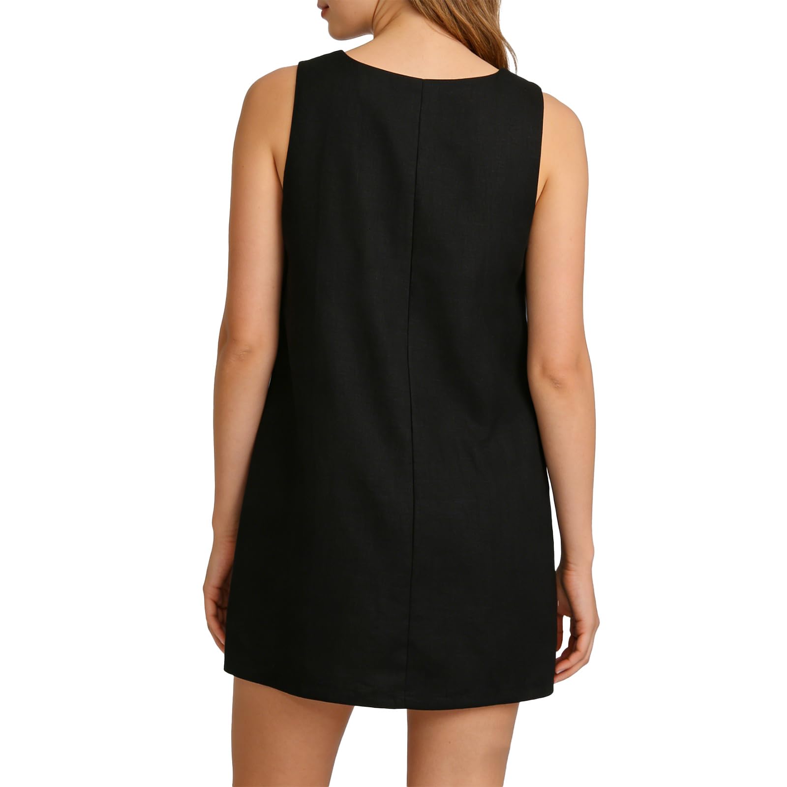 Amazhiyu Robe d'été en lin pour femme - Sans manches - Robe midi - Longueur genou - Coupe trapèze - Col en V - Robe pour femme - Robe de plage - Loisirs