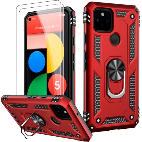 LUMARKE for Google Pixel 5 Case with Screen Protector,Pass 16ft. Drop Tested Military Grade Protective Phone Cover with Magnetic Ring Kickstand Compatible with Car Mount Holder Red Color