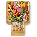 Sky Solutions Charcuterie Board - 13 x 13 Inch Wooden Bamboo Cheese Board, Serving, Kitchen, Home - Wood Charcuterie Boards Set w/ 4 Knives and Drawer - Wedding & Housewarming Gift