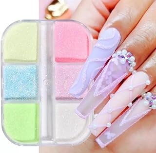 مجموعة مسحوق جليتر للأظافر، 6 ألوان من مستلزمات فن الأظافر، صبغات فلورسنت لامعة ثلاثية الأبعاد من الاكريليك، مسحوق طلاء الأظافر بتصميم حورية البحر، أطراف مانيكير لتزيين الأظافر