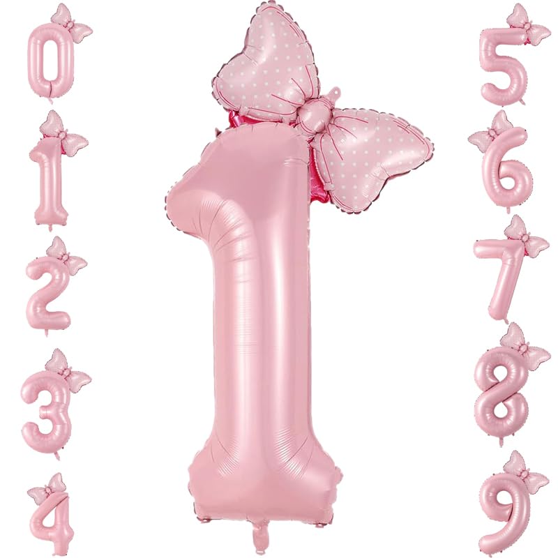 40in Number 1 Balloon with Bow, Pink Large Happy Birthday Balloon for Girls 1st Birthday Party, Perfect for birthday Decorations Party Supplies (