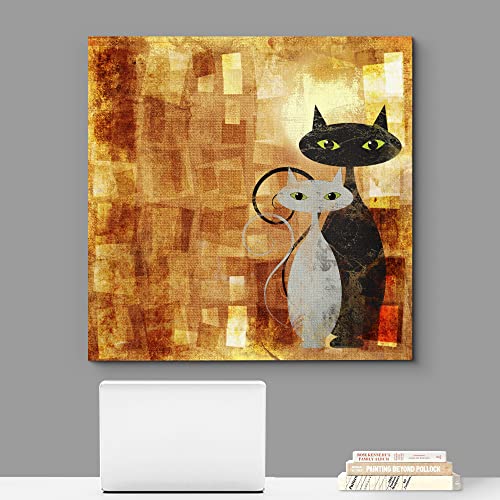 Wall26 - Canvas Prints Wall Art - Black And White Cat On Orange Grunge Canvas (Painting, Abstract, Cat) | Modern Wall Art Stretched Gallery Canvas Wrap Print. Ready To Hang 16" X 16" #TOP1